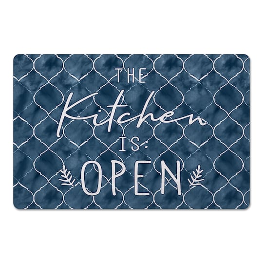 Blue with White The Kitchen is Open Text Floor Mat